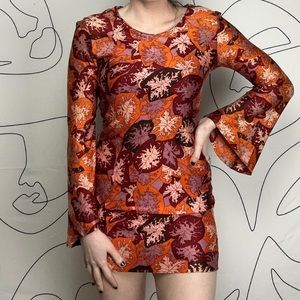 Vintage Mardi Modes 70s Leaf Print Bell Sleeve Mini Dress